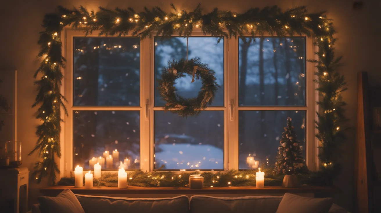 Cozy living room with festive Christmas window decorations including a wreath, garland and candles glowing at night.