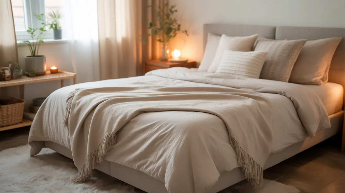 A bright, cozy bedroom with soft neutral bedding and warm light, showing how to make your bedroom feel like you with simple, personal touches.