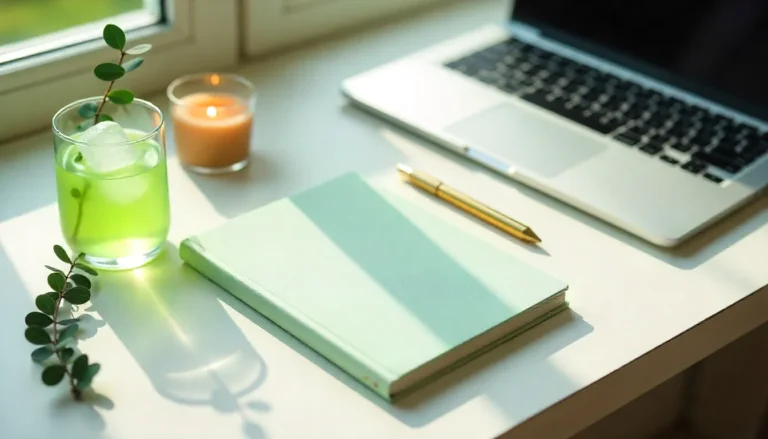 A cozy open notebook with a pen and a warm cup of tea on a wooden table, introducing Self Discovery Journal Prompts in a calm, reflective setting.