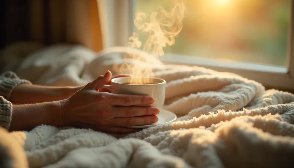 Calm morning moment with sunlight coming through a window, hands holding a warm mug, cozy blanket, peaceful minimalist vibe, soft light, 16:9 horizontal.