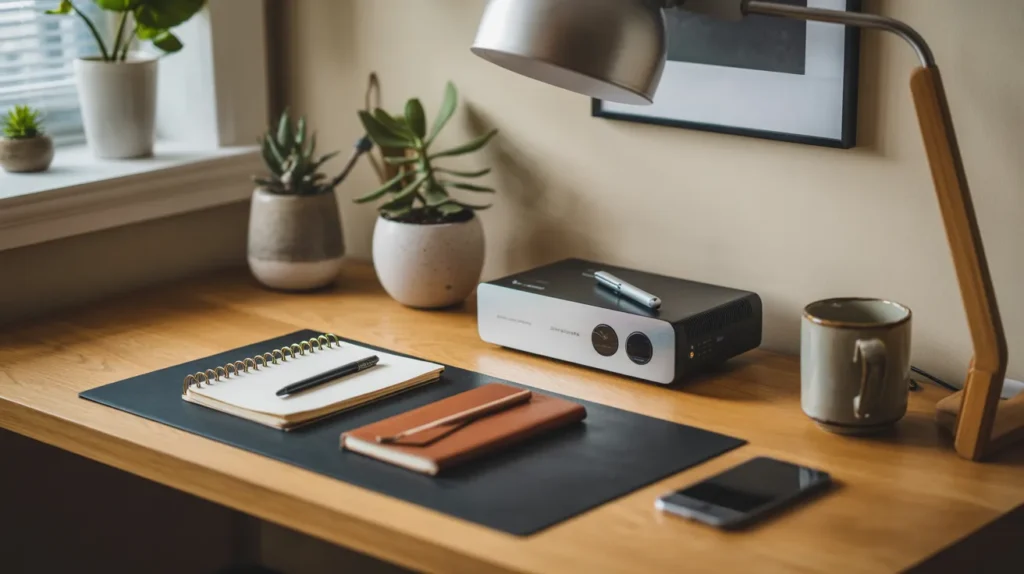 A clean home workspace showing how high paying flexible side hustles like product testing can be done from home.