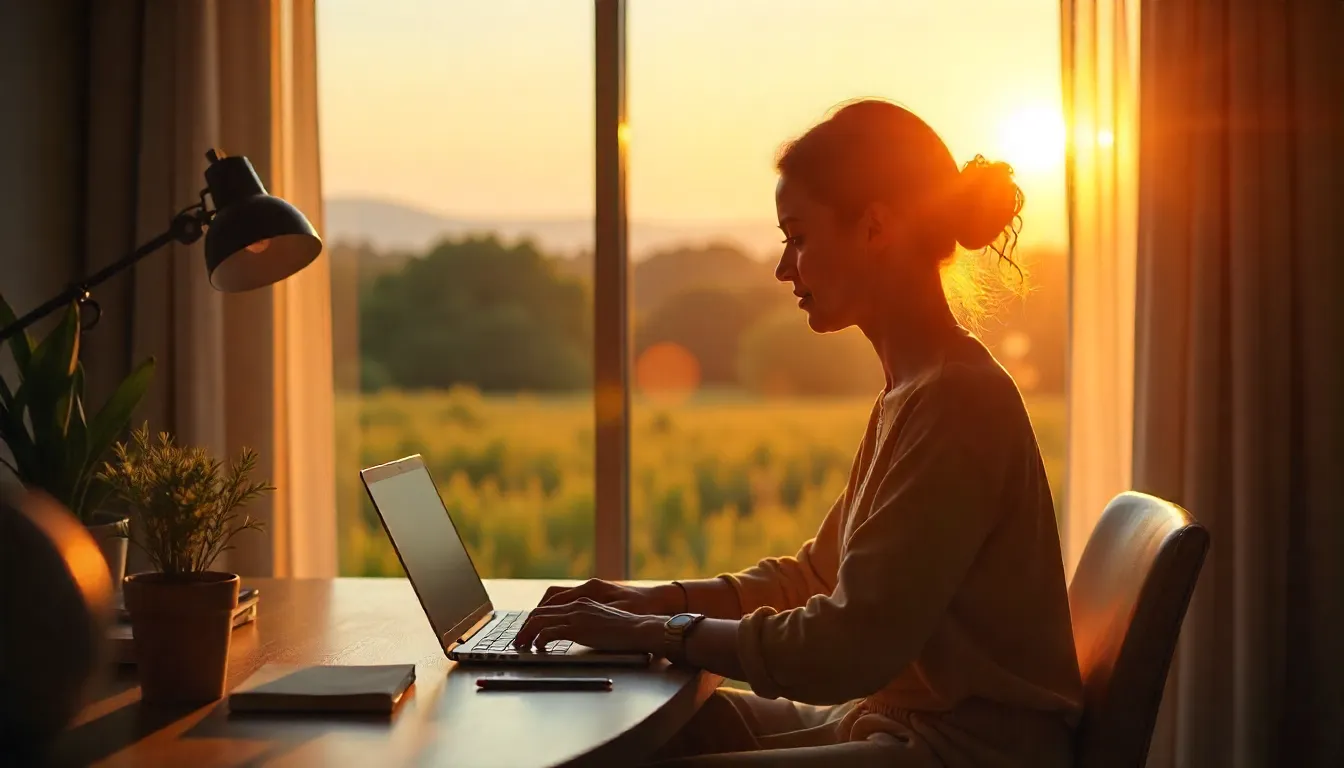 Woman working on her laptop at home during sunset, representing high paying flexible side hustles you can do on your own schedule.