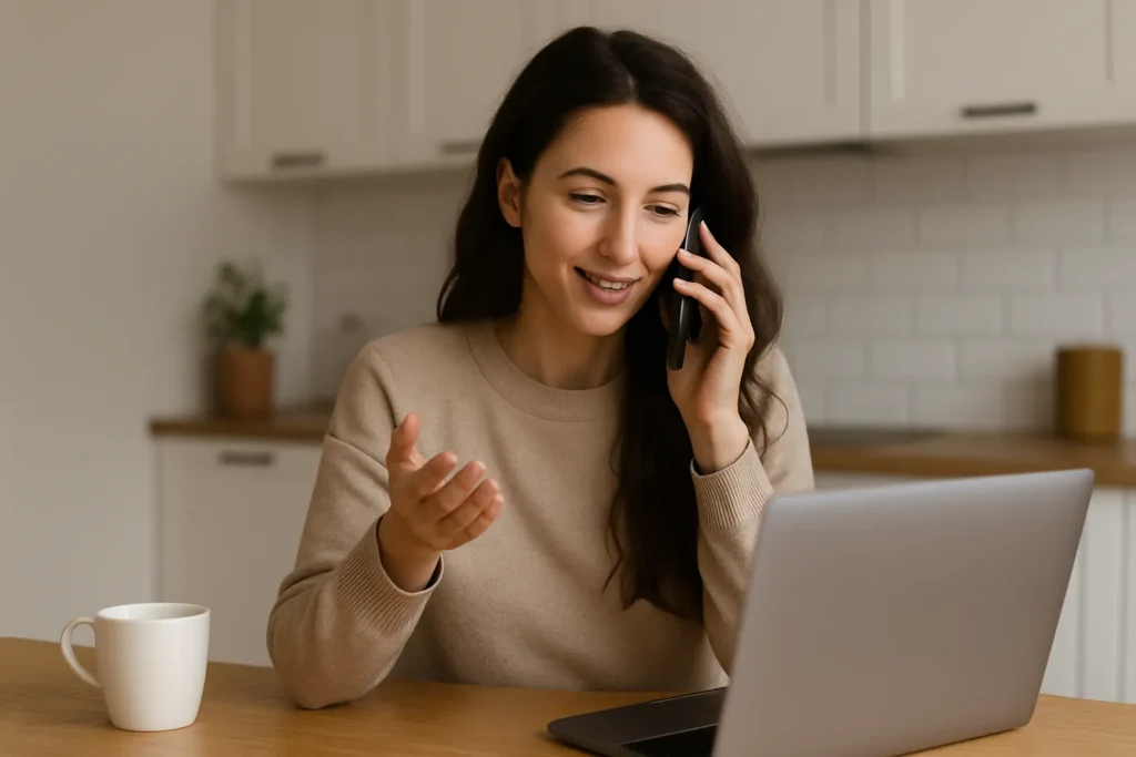 woman sitting at a kitchen table with a laptop and coffee, talking on the phone with a thoughtful, gentle expression as she pauses before giving an answer