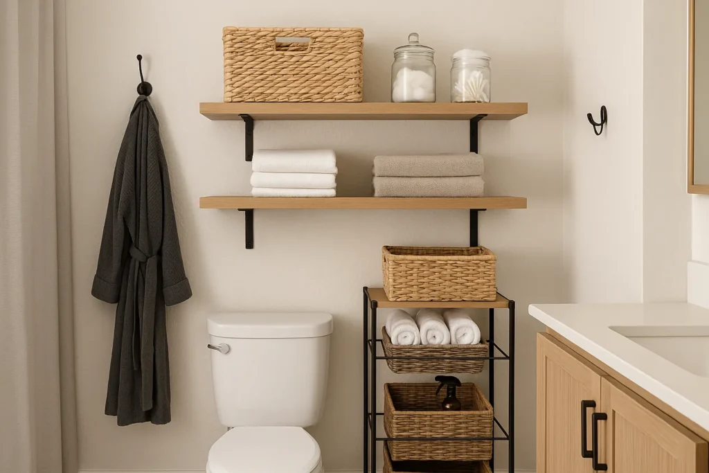 A small bathroom with floating shelves, woven baskets, and jars used for vertical storage, showing Small Bathroom Updates that maximize space and reduce clutter.