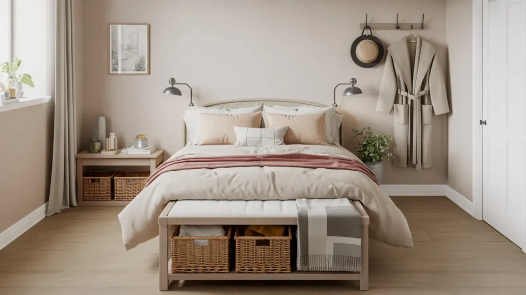 A bedroom with baskets, hooks, and a storage bench, showing simple storage ideas that keep the room calm and functional.