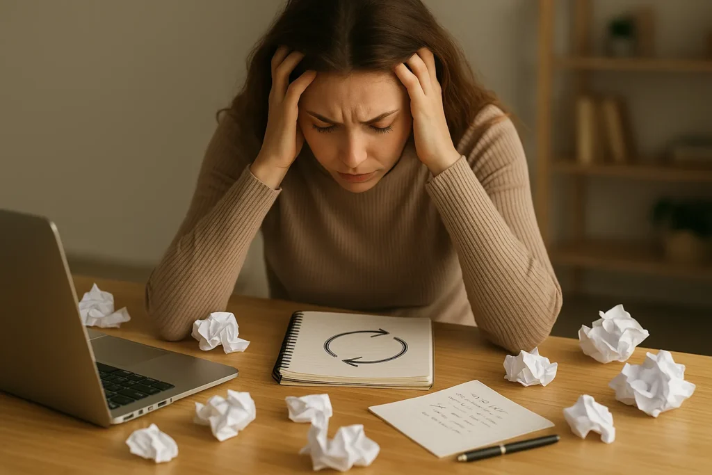 woman sitting at a cluttered desk with crumpled papers, holding her head in her hands, notebook in front of her with a circular arrow drawn to show the same problems repeating again and again