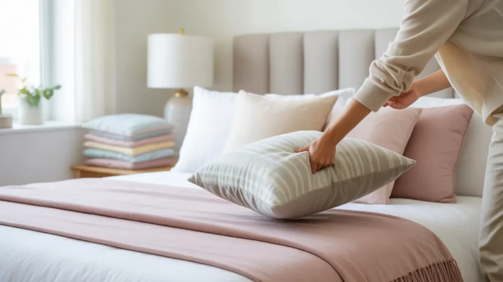 A person refreshing their bed with new bedding and pillows, showing how small seasonal tweaks keep a bedroom feeling like you.