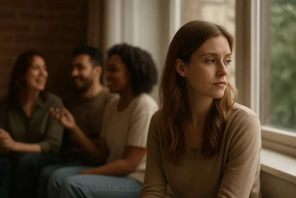 woman sitting by a window looking away while friends chat and laugh behind her, showing how she feels distant and drained by the same old conversations