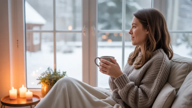 A cozy scene illustrating 12 winter wellness tips every woman needs this year with a woman relaxing by the window with tea in winter.