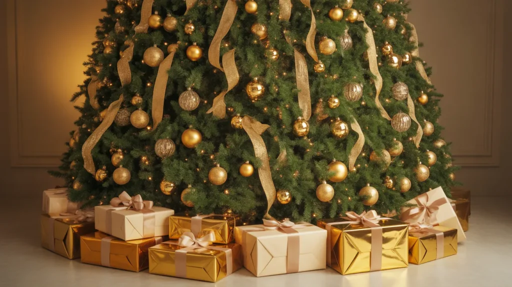 Countryside charm festive Christmas tree ideas with pinecones, berries and rustic ribbons by the hearth.