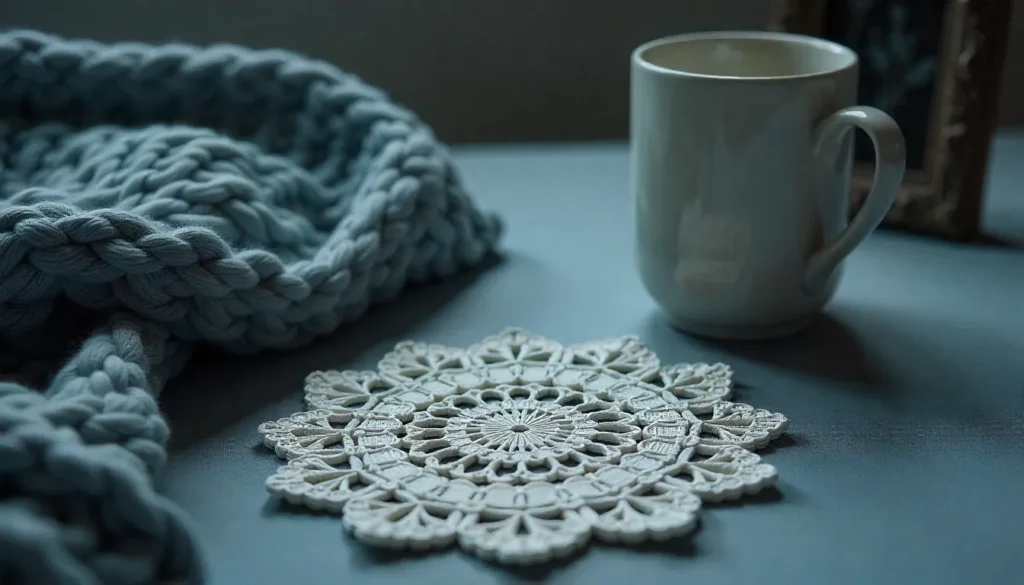 A tabletop with a crochet doily, knit blanket, and pressed-flower frame, showing handmade cottagecore details similar to ideas on yourselflovehub.com.