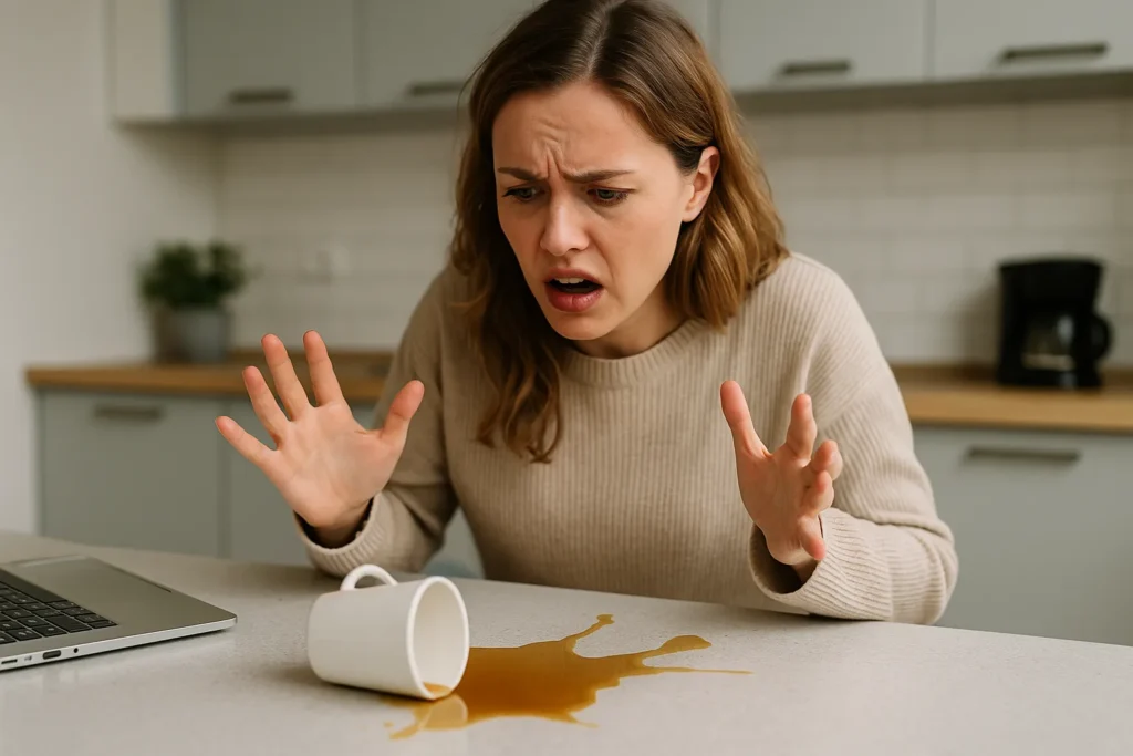 woman in a kitchen reacting intensely to a spilled mug of coffee on the counter, showing a big emotional response to a small inconvenience