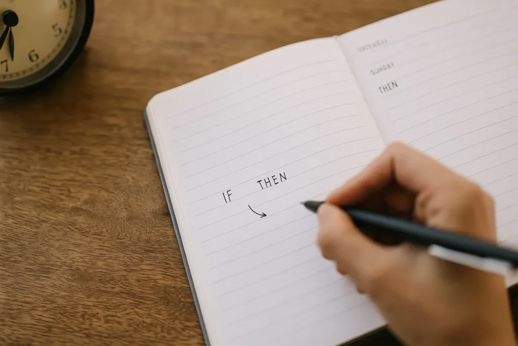 close up of a hand writing simple if then notes in an open planner on a wooden table with a small clock in the background