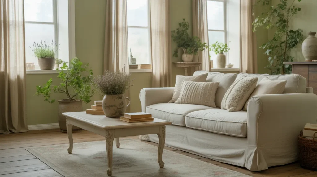 A balanced cottagecore-style room with plants, vintage touches, and soft fabrics, kept cozy but not cluttered.