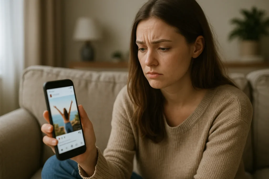 woman sitting on a sofa looking at her phone with a sad, longing expression as she sees someone’s travel post online, feeling jealous of people who took big risks in their life