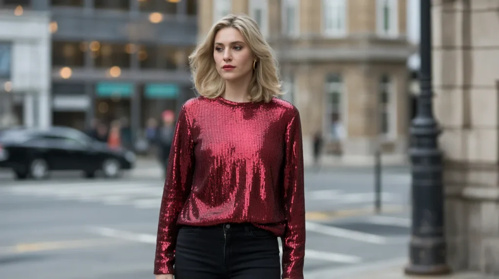 Girl walking on the street showing one of the 14 Stylish Ways how to Wear Sequins This Holiday Season