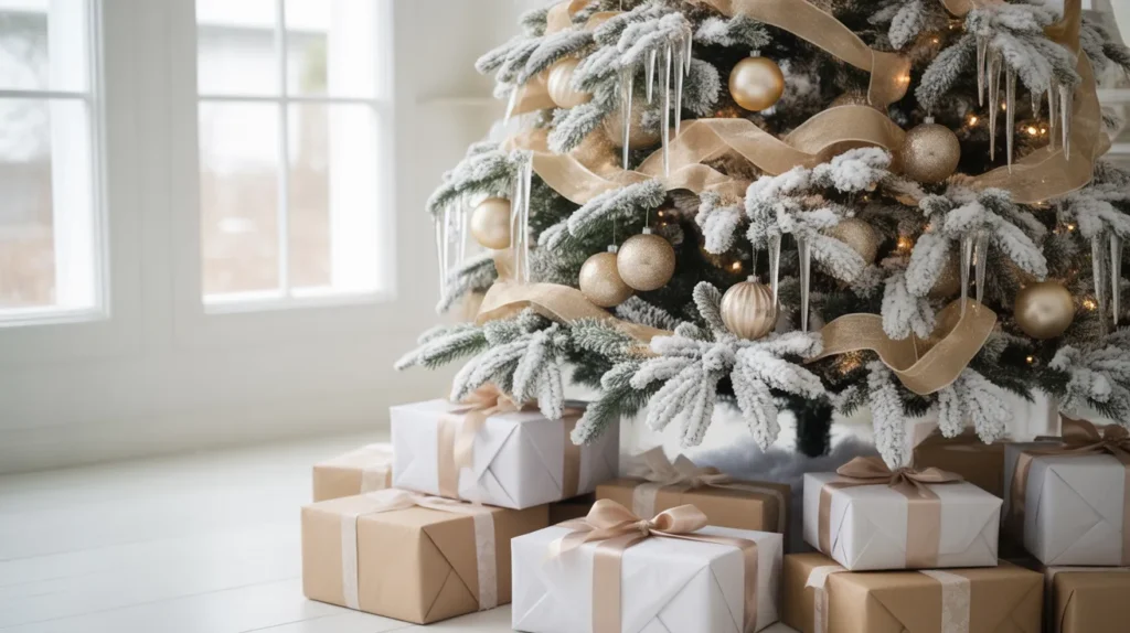 Frosted Christmas tree with gold and champagne accents creating frosty elegance for yourselflovehub.com.