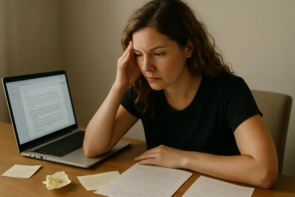 woman sitting at a desk in front of a laptop with a long email on the screen, holding her head in one hand and surrounded by notes, looking frustrated as she overexplains and justifies her choices instead of living them