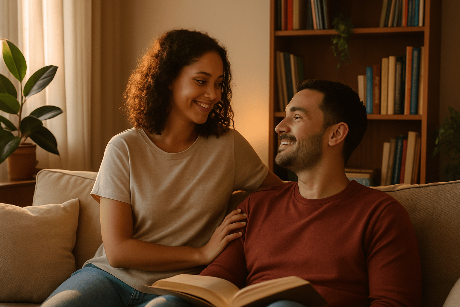 Couple relaxing in a warm, sunlit living room at golden hour, sharing a quiet smile with books and plants in the background.