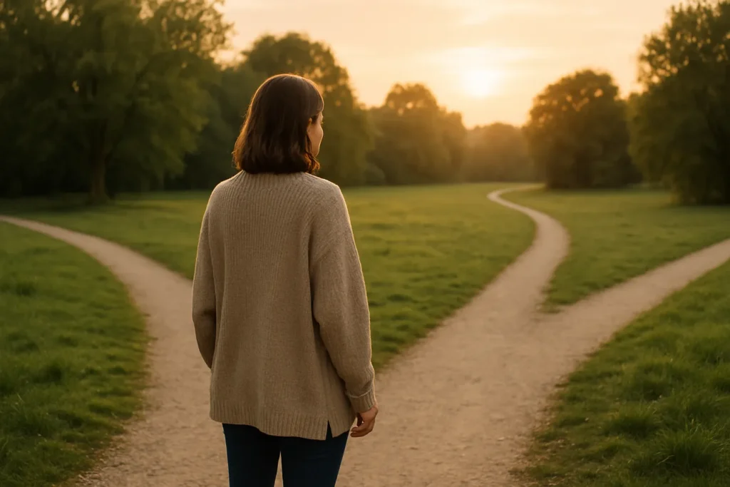 woman standing at a fork in a park path at sunset, looking toward the future as two paths split in front of her, symbolizing that staying the same feels scarier than choosing a new direction