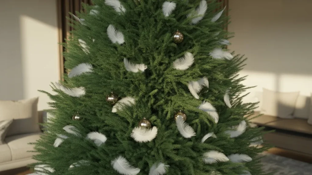 Green Christmas tree covered in white feathers and metallic ornaments in a chic room on yourselflovehub.com.
