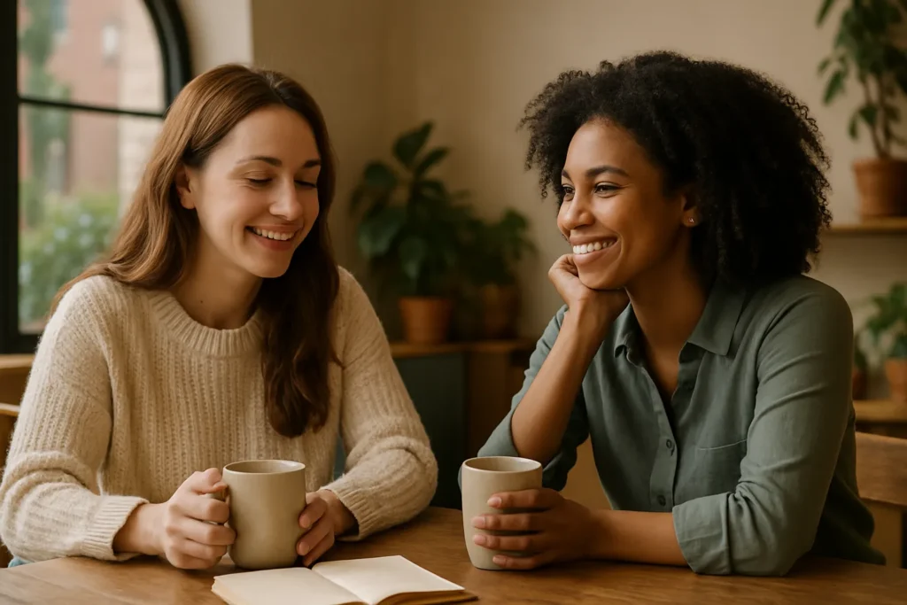 two women sitting together in a cozy café, smiling and talking over warm drinks with a notebook on the table, showing intentional effort to nurture a close, supportive relationship