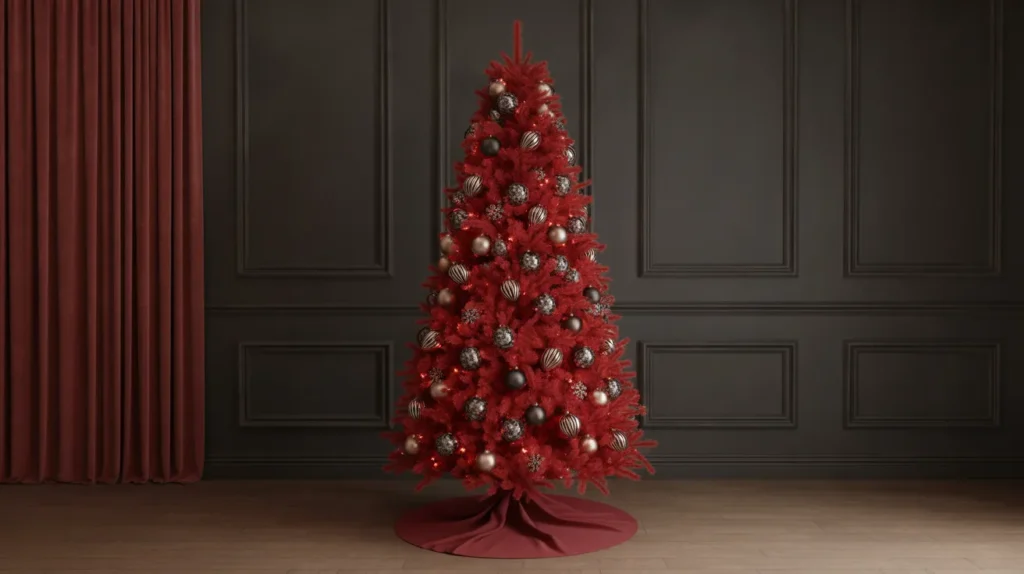 Theatrical crimson festive Christmas tree ideas featuring a bold red tree in a moody room.