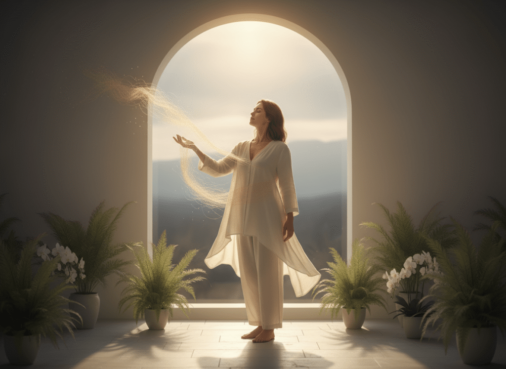 Letting go ritual near a window to release toxic energy.