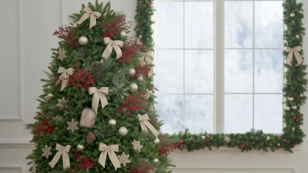 Traditional Christmas tree with berries and bows standing near a garland-framed window on yourselflovehub.com.