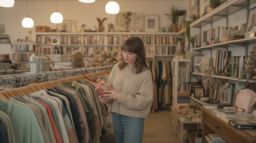 Woman exploring cozy thrift store aisles for affordable gifts, inspired by money-saving ideas from yourselflovehub.com.
