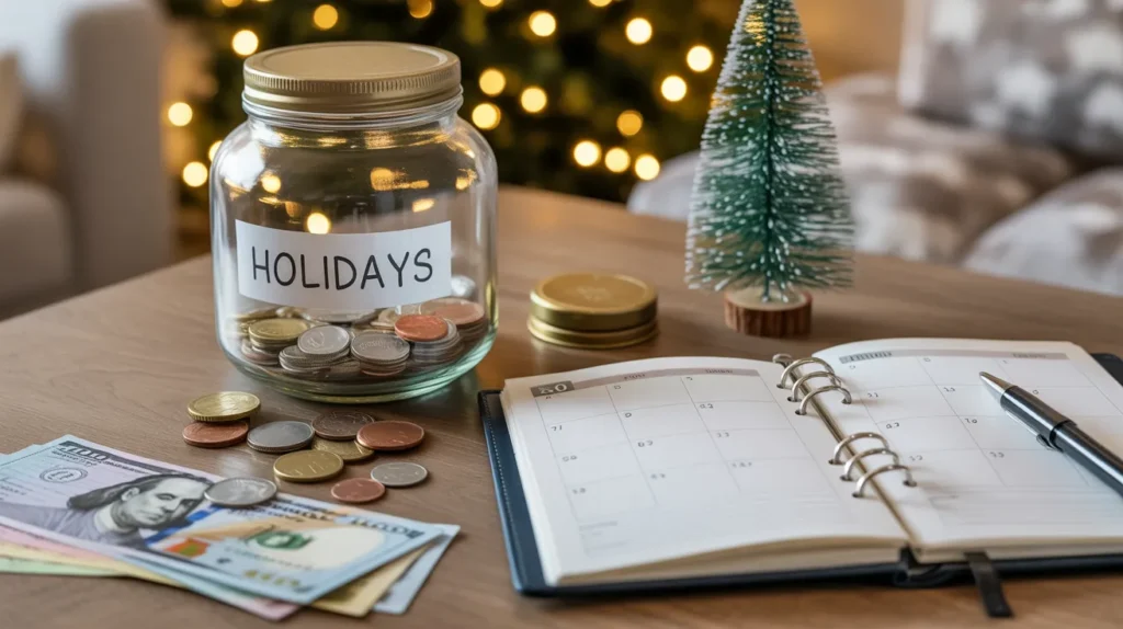 Holiday savings jar filled with coins and bills, a helpful reminder of How to Generate Holiday Shopping Cash and Money with early budgeting.