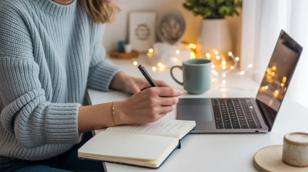 Woman writing financial goals in her notebook beside a warm holiday-lit desk, following budgeting inspiration from yourselflovehub.com.