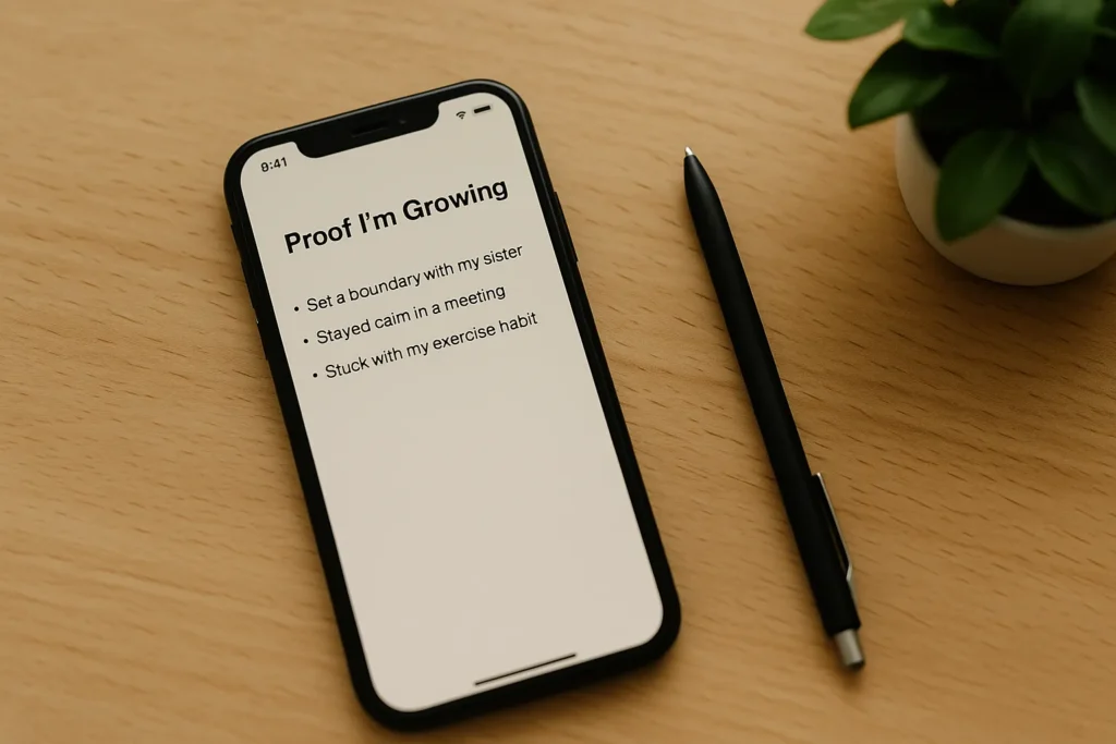 close up of a smartphone on a wooden table with a note titled proof I’m growing and a few small wins listed, next to a pen and a tiny plant