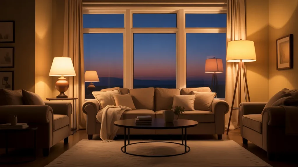 Layered floor and table lamps softly glowing as part of stylish living room ideas for cozy lighting.