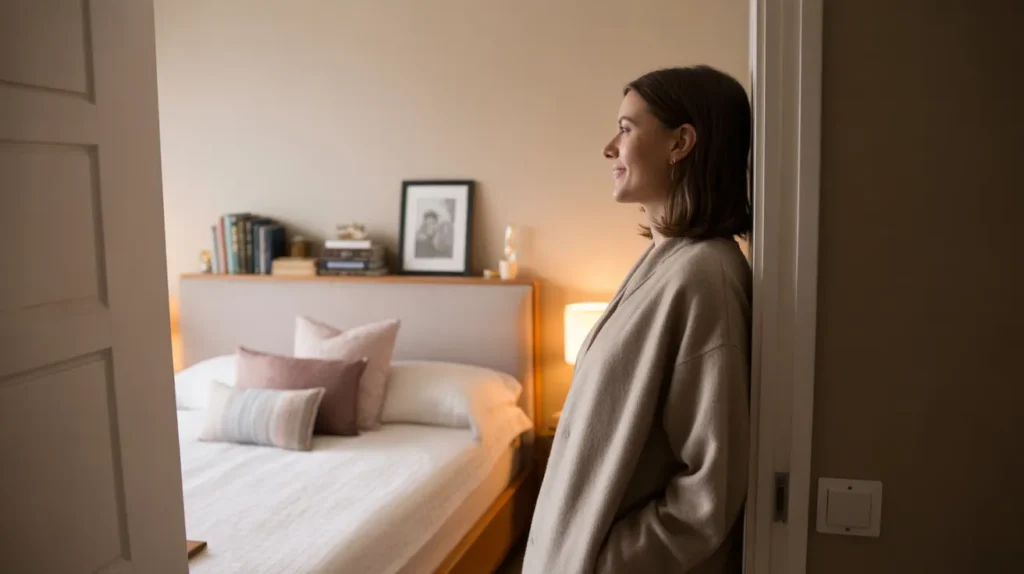 A woman pausing in her calm, softly lit bedroom, reflecting on how to make her bedroom feel more like her true self.
