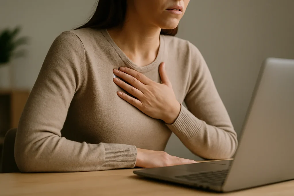 woman sitting at a desk with her hand on her chest and tense posture in front of a laptop, showing chronic stress and fight or flight in her body