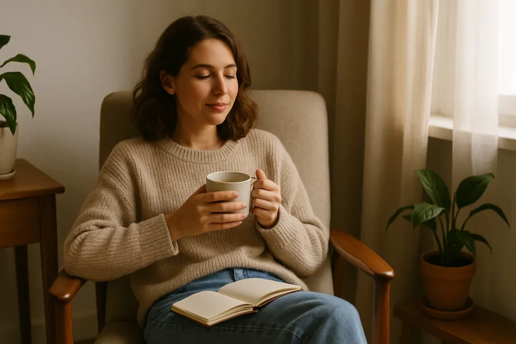 woman sitting peacefully in a cozy armchair with her eyes closed, holding a warm mug in both hands with a small open notebook on her lap, noticing that she feels safe and calm in the moment