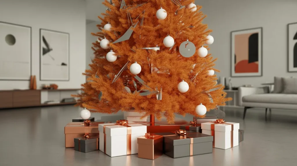 Vibrant orange designer Christmas tree with chic white and metallic decor showcased on yourselflovehub.com.