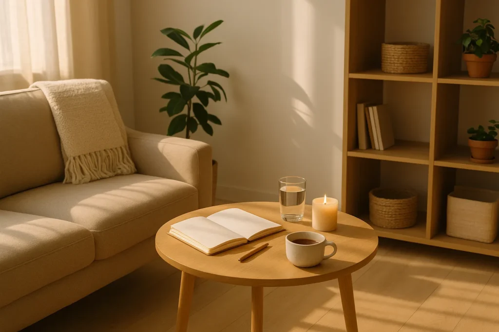 cozy living room corner with journal and self-care items representing gentle habits that fit real life