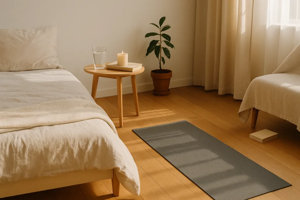 cozy morning corner with water, book, candle, and yoga mat suggesting different simple morning routine ideas