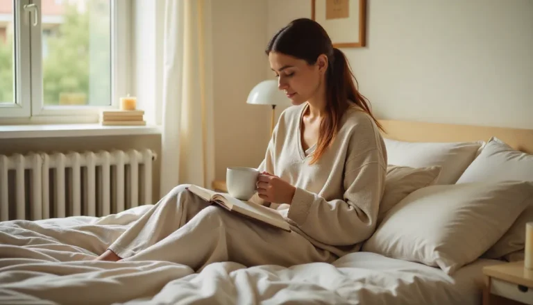 soft, cozy morning routine scene with a woman journaling in bed with coffee and natural light
