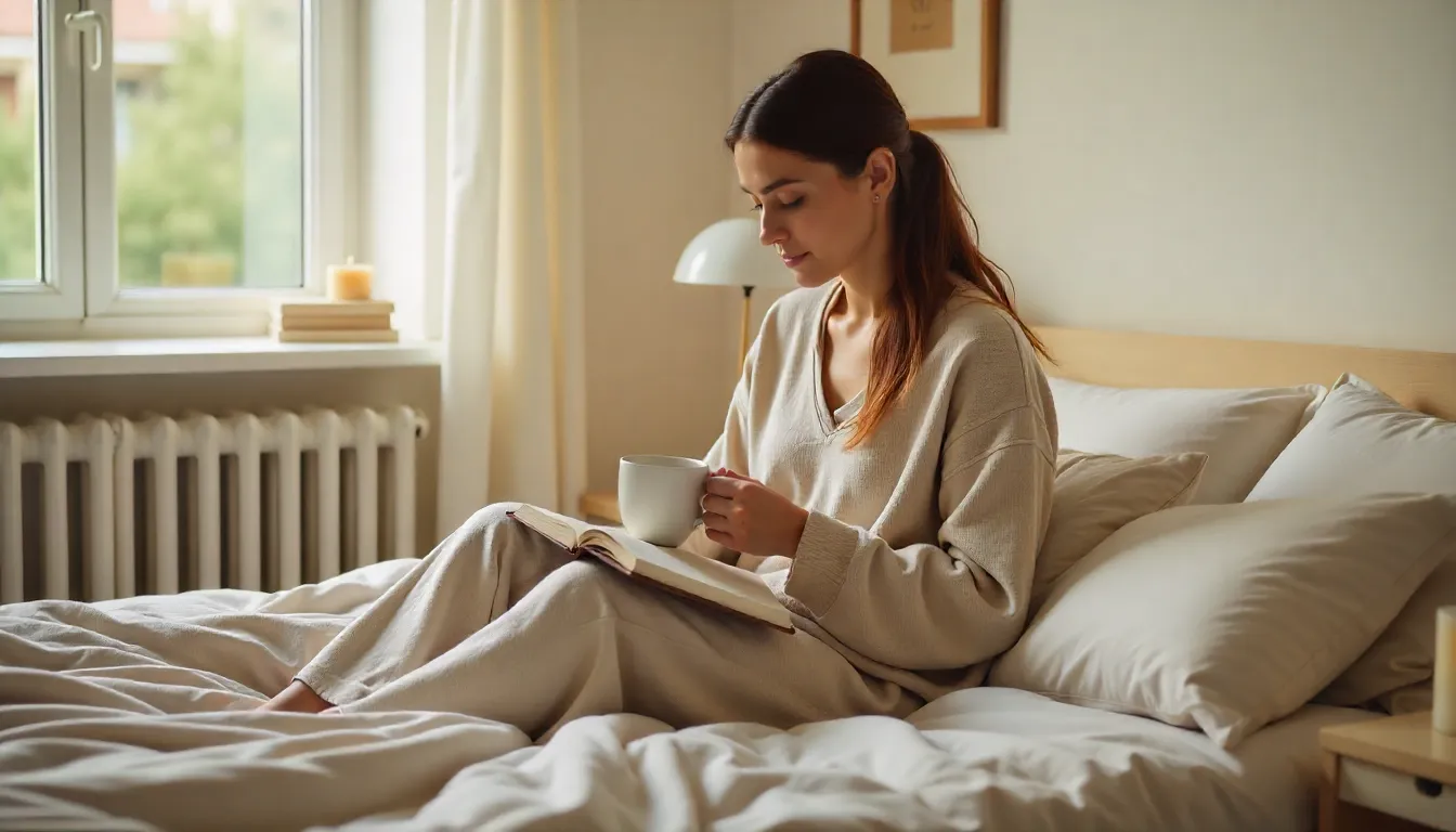 soft, cozy morning routine scene with a woman journaling in bed with coffee and natural light