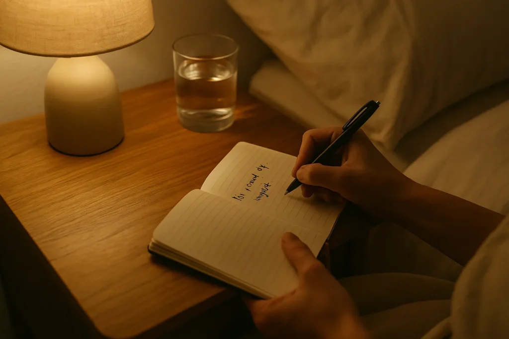 close up of a hand writing a short sentence in a small bedside notebook next to a warm lamp and a glass of water, ending the day with a gentle moment of self-respect