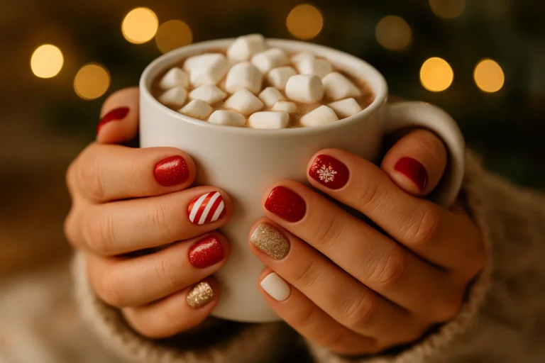 A cozy holiday close-up of different Christmas nails for short nails while holding a mug of hot chocolate.