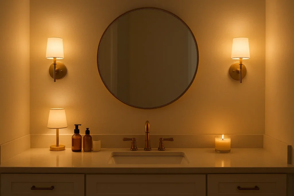 Soft warm lighting around a small bathroom vanity showing Small Bathroom Updates with wall sconces, a mirror, and a tiny lamp for a cozy glow.