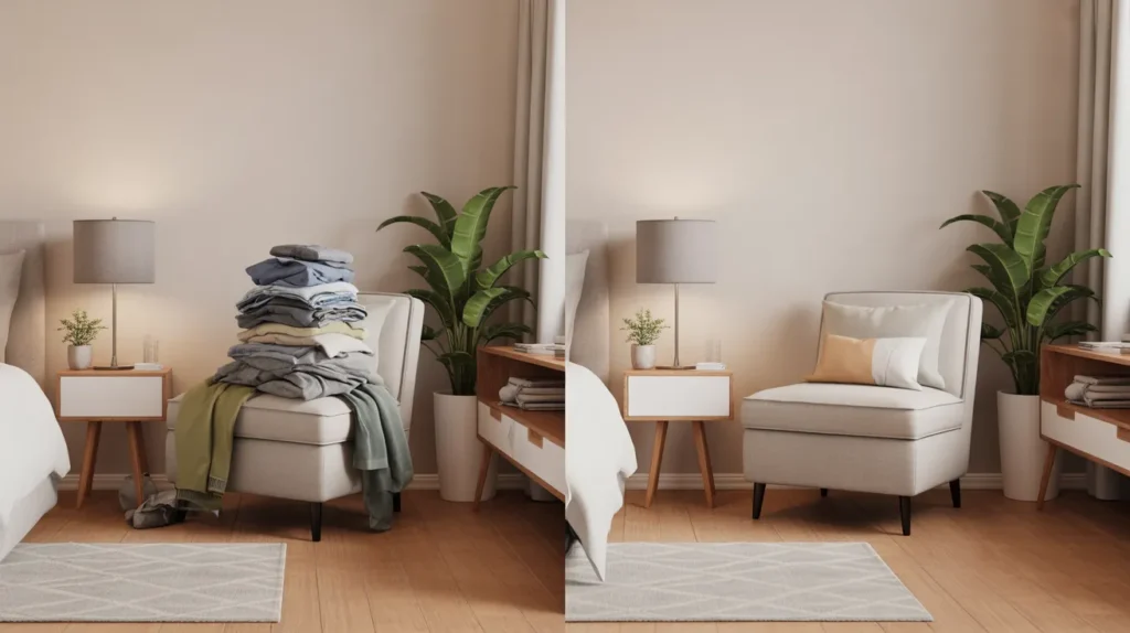 A bedroom corner transformed from cluttered to calm, showing how clearing out old items helps your bedroom feel more like you.