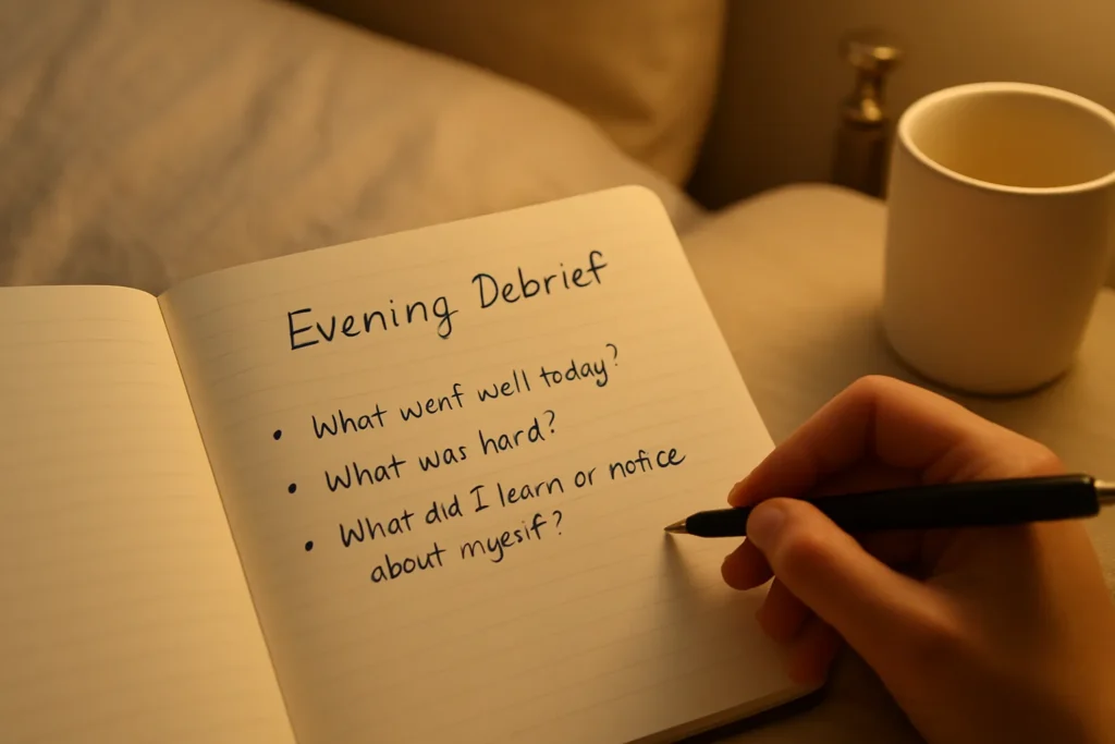 open journal on a bed with a warm bedside light, a hand holding a pen while writing a short evening debrief about what went well and what was hard today