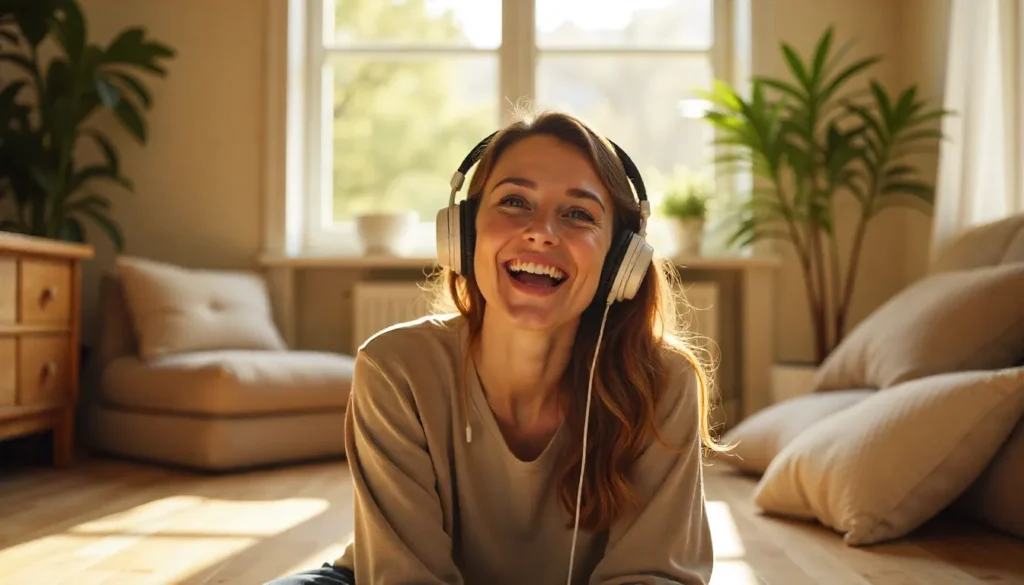 Cheerful living room scene with a person dancing or lip-syncing with headphones, playful vibes, natural light, carefree and joyful atmosphere, 16:9 horizontal.