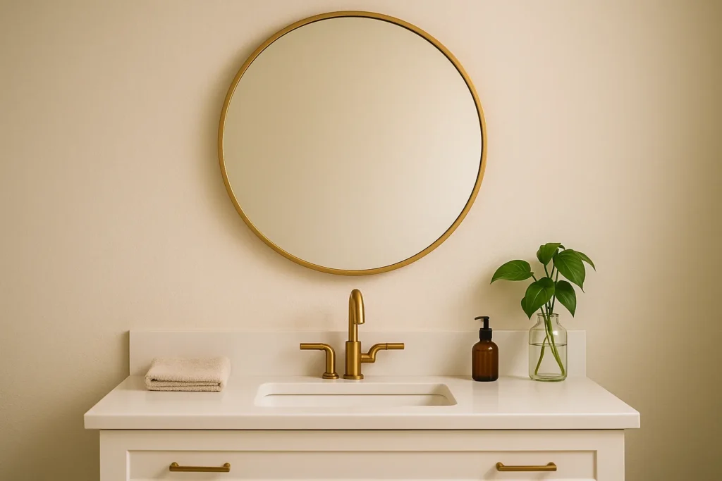 A small bathroom vanity with a round framed mirror, brass faucet, and a simple plant, showing an easy mirror upgrade idea from yourselflovehub.com.