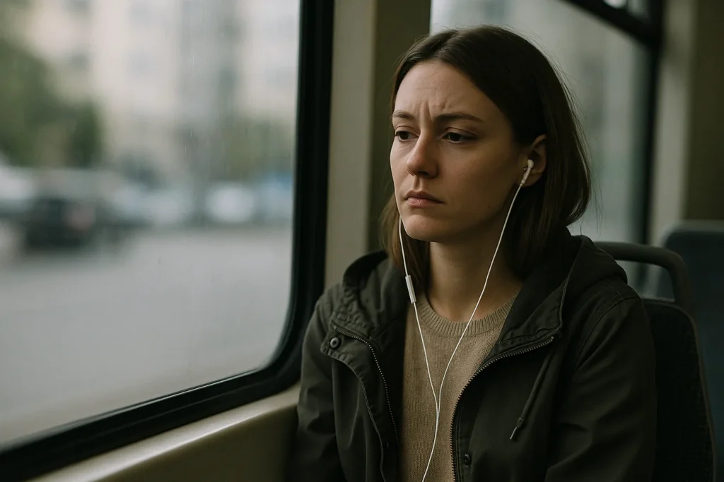 woman sitting on public transport with earphones in, staring out the window with a blank, distant expression, symbolizing living on autopilot and feeling disconnected from what she wants